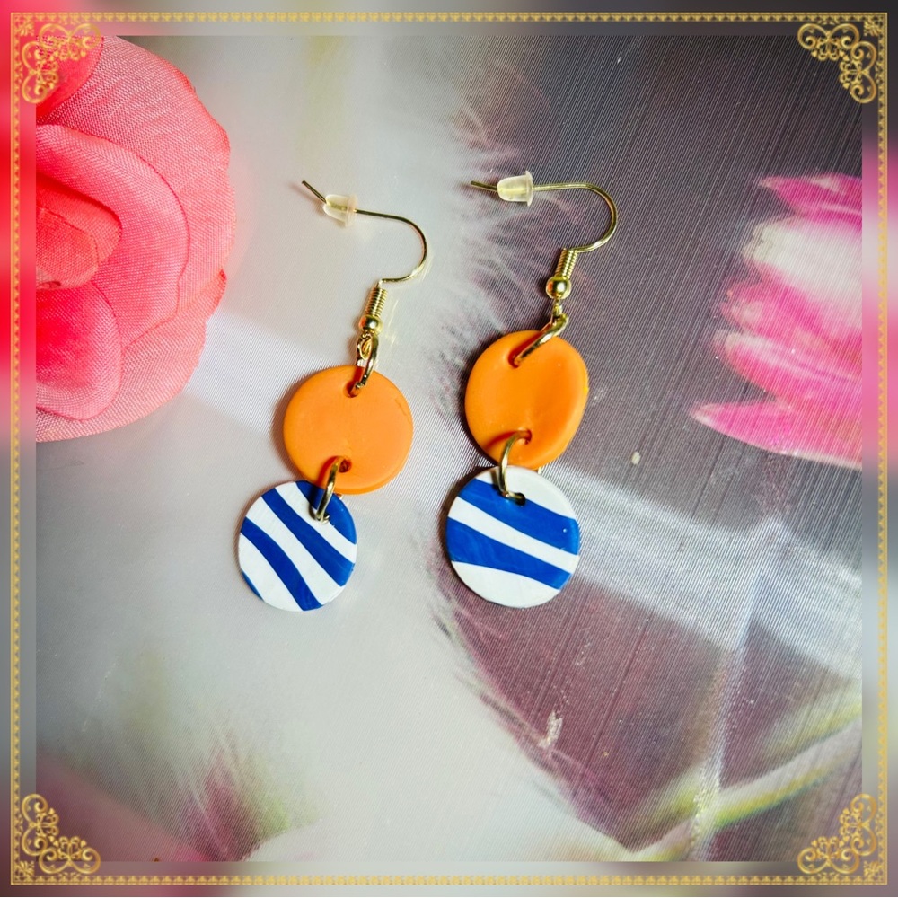 Orange and Blue Striped Earrings - Picture 4 of 16